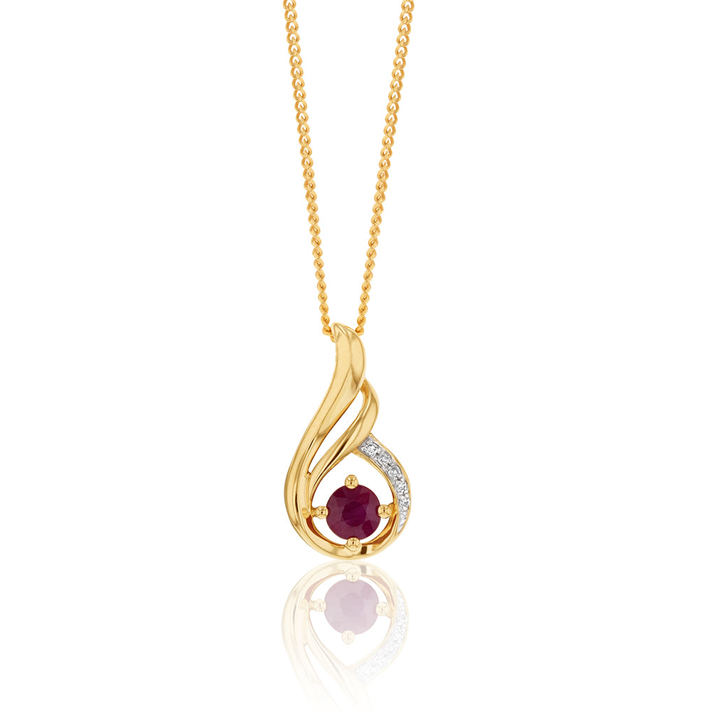 Stunning 9ct Yellow Gold Pendant with Natural Ruby and Diamond Swirl Design