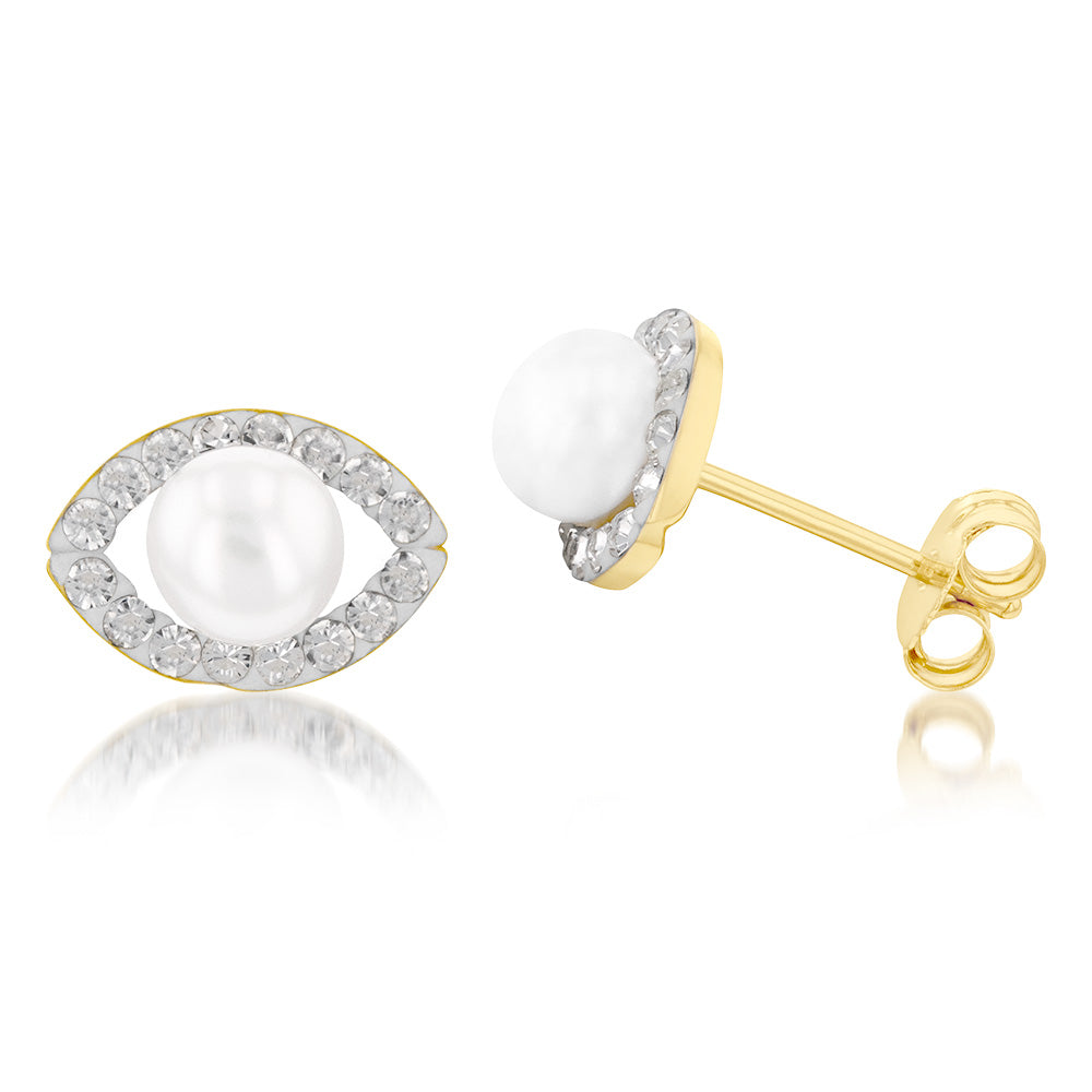 Exquisite 9 Carat Yellow Gold Freshwater Pearl and Crystal Elliptical Stud Earrings for Women