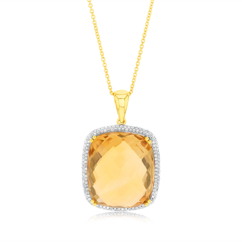 Gorgeous 9ct Yellow Gold Pendant with Natural Citrine and Diamonds on a Chain