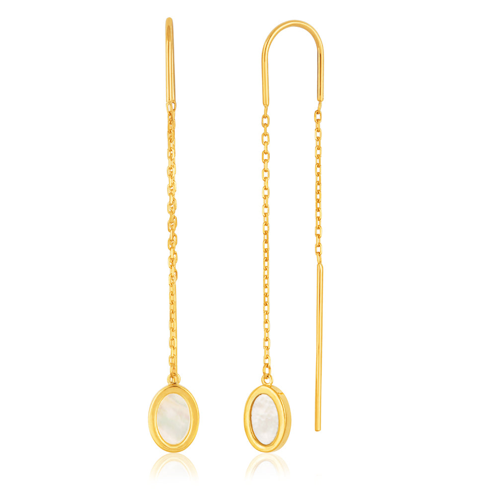 Gorgeous 9ct Yellow Gold Thread Drop Earrings with Mother of Pearl Centerpieces