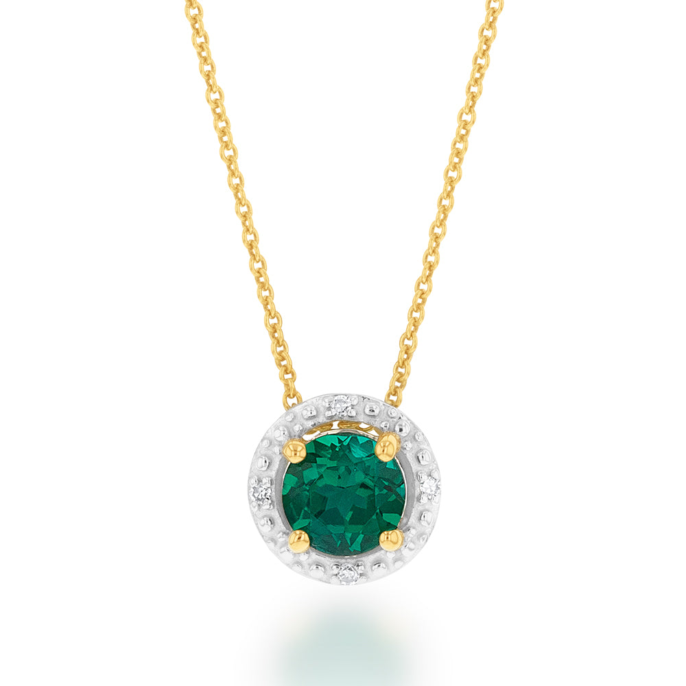 45cm Chain 9ct Yellow Gold Pendant with Created Emerald and Diamond Halo