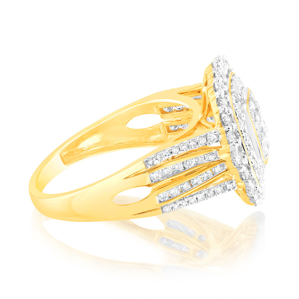 9ct Yellow Gold Ring Set with 1 Carat of 107 Round Brilliant and Baguette Diamonds