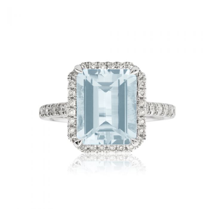 Stunning 9 Carat White Gold Ring Featuring 2.4 Carat Aquamarine and One - Third Carat Diamond