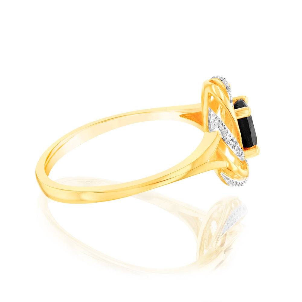 Exquisite 9 Carat Yellow Gold Ring Featuring a 0.65 Carat Natural Sapphire and 12 Sparkling Diamonds