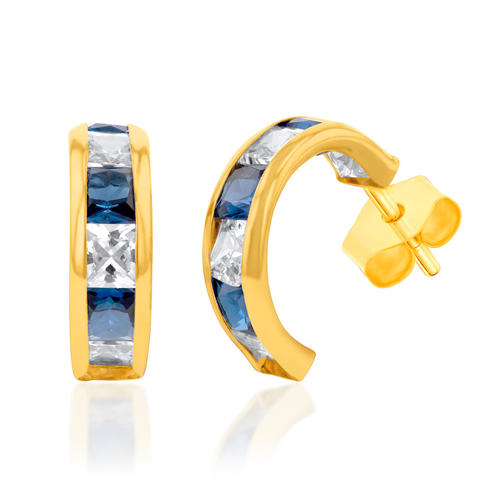 9ct Yellow Gold Half Hoops with Stunning Blue and White Zirconia