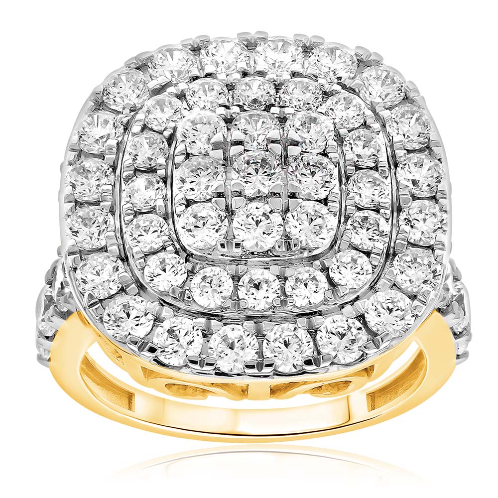 Stunning 9ct Yellow Gold 4-Carat Cushion-Shaped Diamond Cluster Ring
