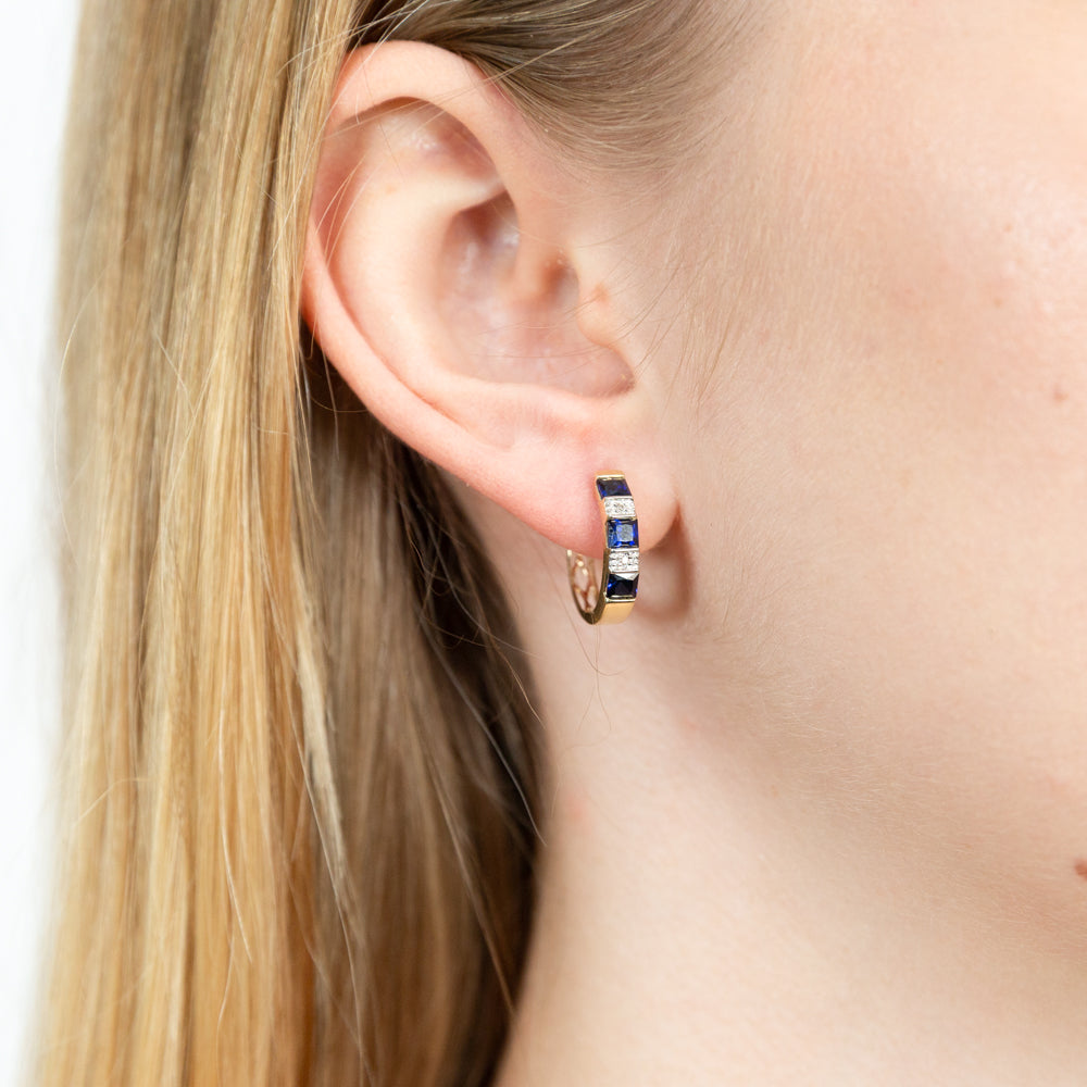 Exquisite 9ct Yellow Gold Hoop Earrings with Lab - Created Sapphires and Real Diamonds