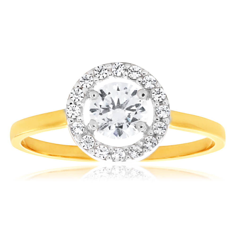 9ct Yellow and White Gold Round Halo Ring with Sparkling Cubic Zirconia