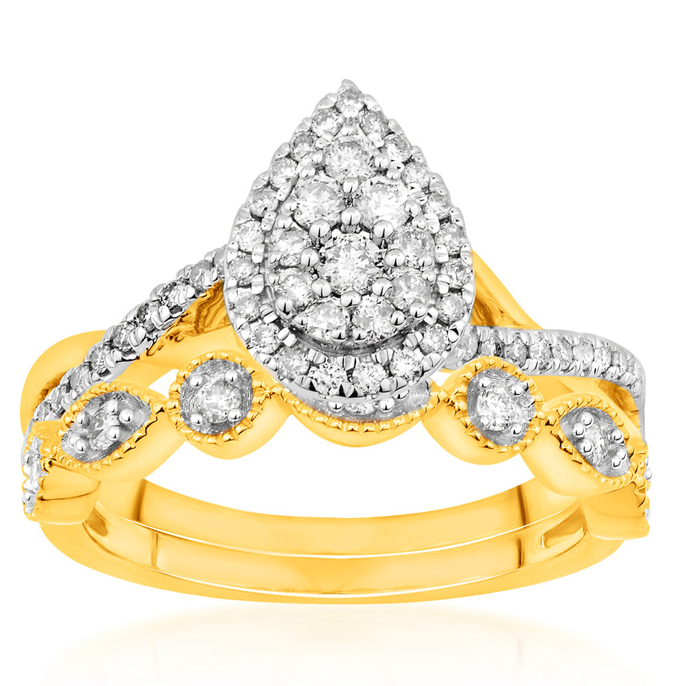 Stunning 9ct Yellow Gold Bridal Two - Ring Set Featuring a 1/2 Carat Diamond with a Beautiful Pear Shape Cluster