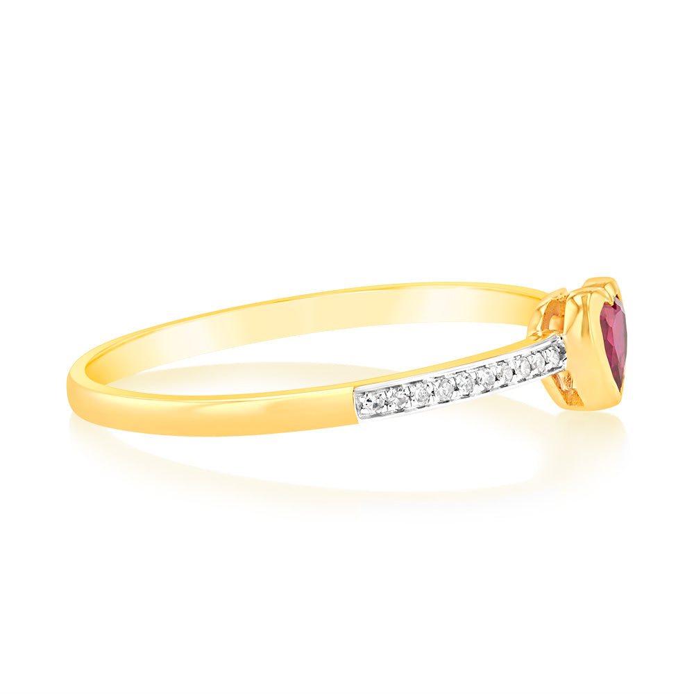 Stunning 9ct Yellow Gold Ring with Created Ruby and Heart - Shaped Diamond