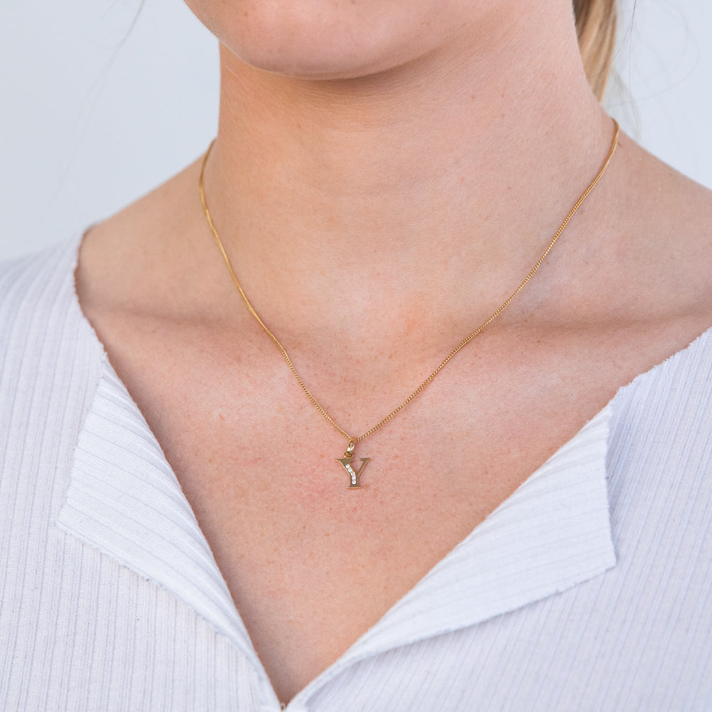 Gorgeous 9ct Yellow Gold Initial Y Pendant with Zirconia Stones
