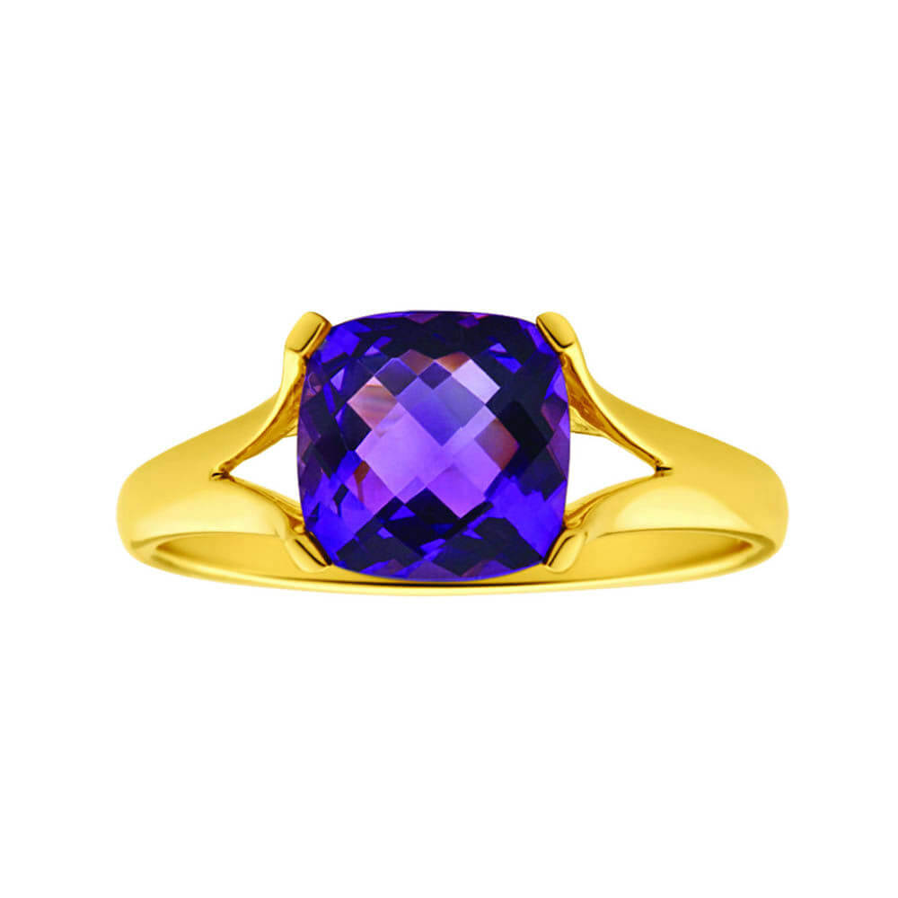 8mm Cushion Cut Amethyst Ring in 9ct Bright Yellow Gold