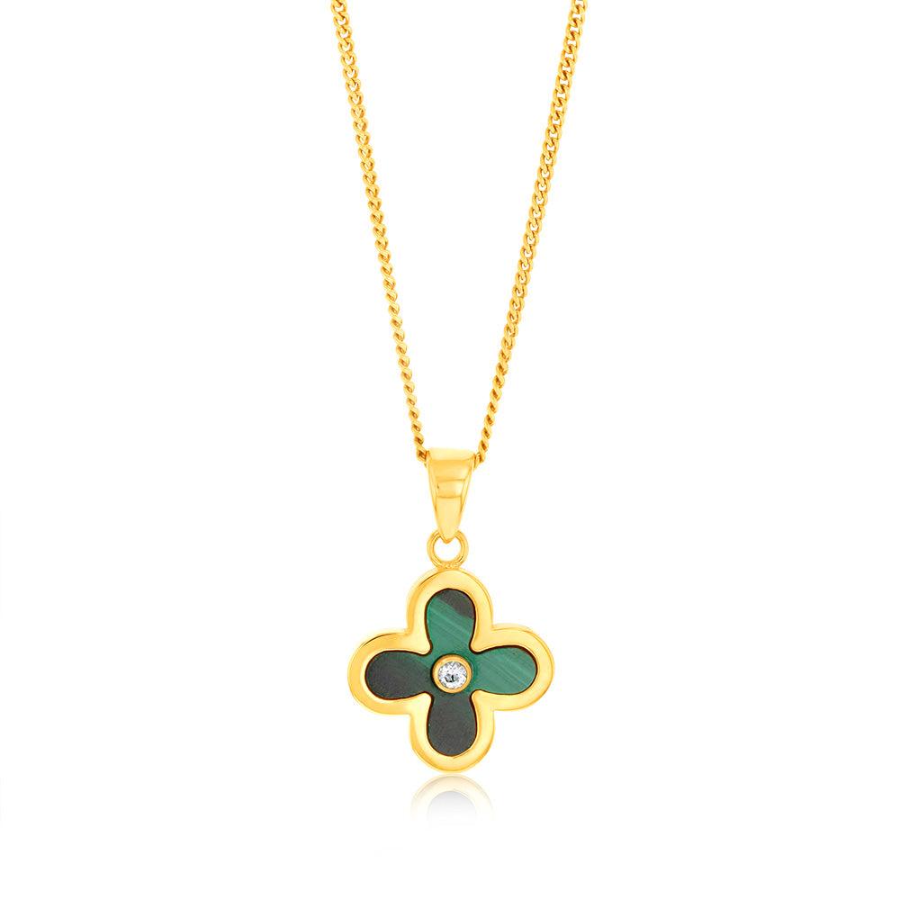 9ct Yellow Gold Pendant with Natural Malachite 4 - Leaf Clover Design