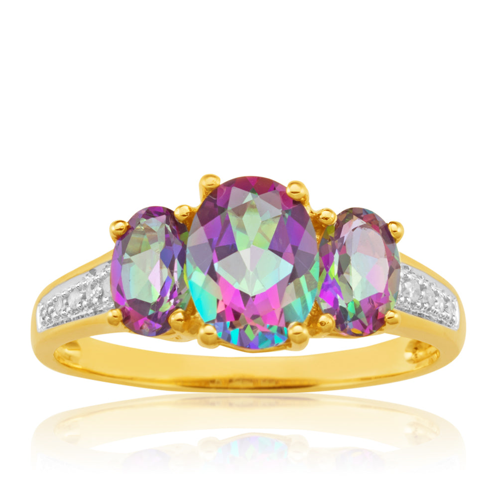 9ct Yellow Gold Mystic Topaz Oval Cut & Diamond Trilogy Enhanced Ring
