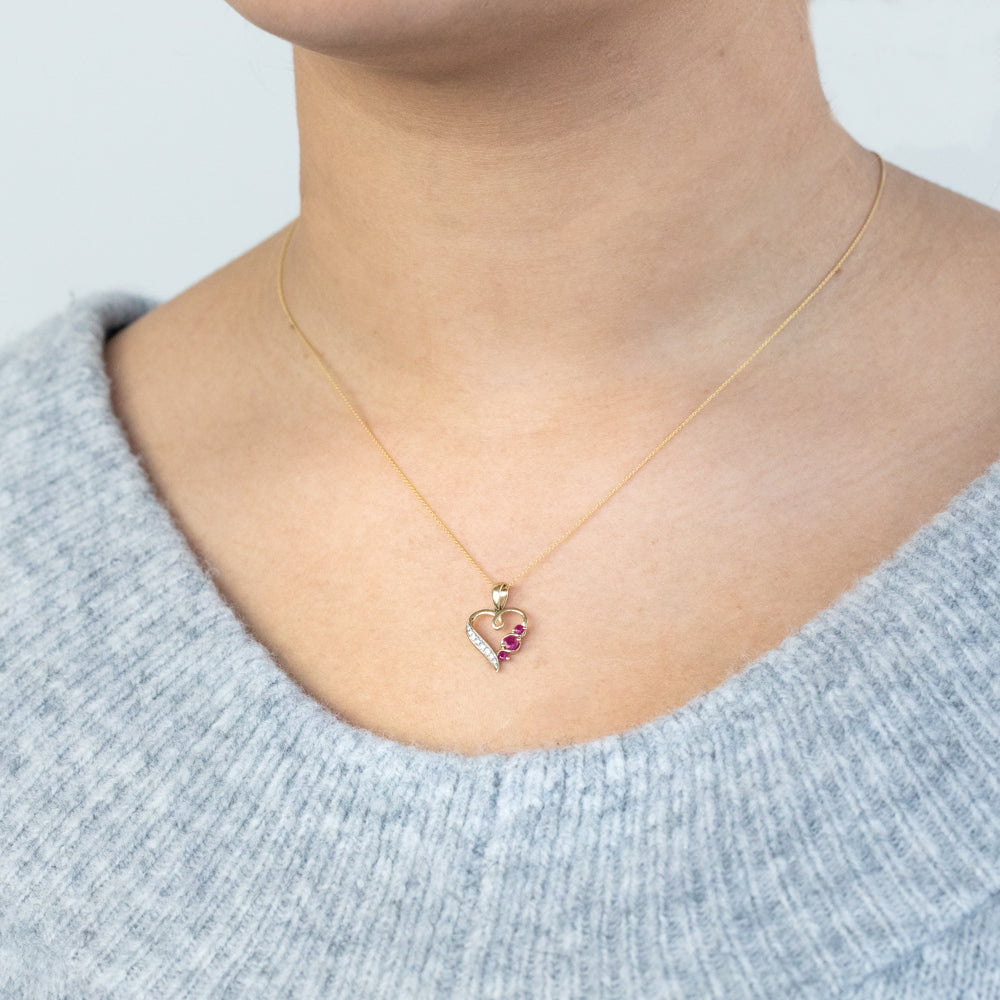 9ct Yellow Gold Natural Ruby and Diamond Embellished Heart-Shaped Pendant with a 45cm Chain for a Timeless Jewelry Piece