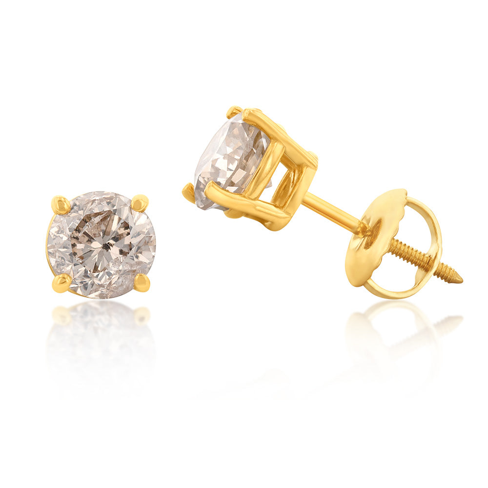 14ct Yellow Gold 1.2 Carat Natural Australian Champagne Diamond Studs with Secure Screwback