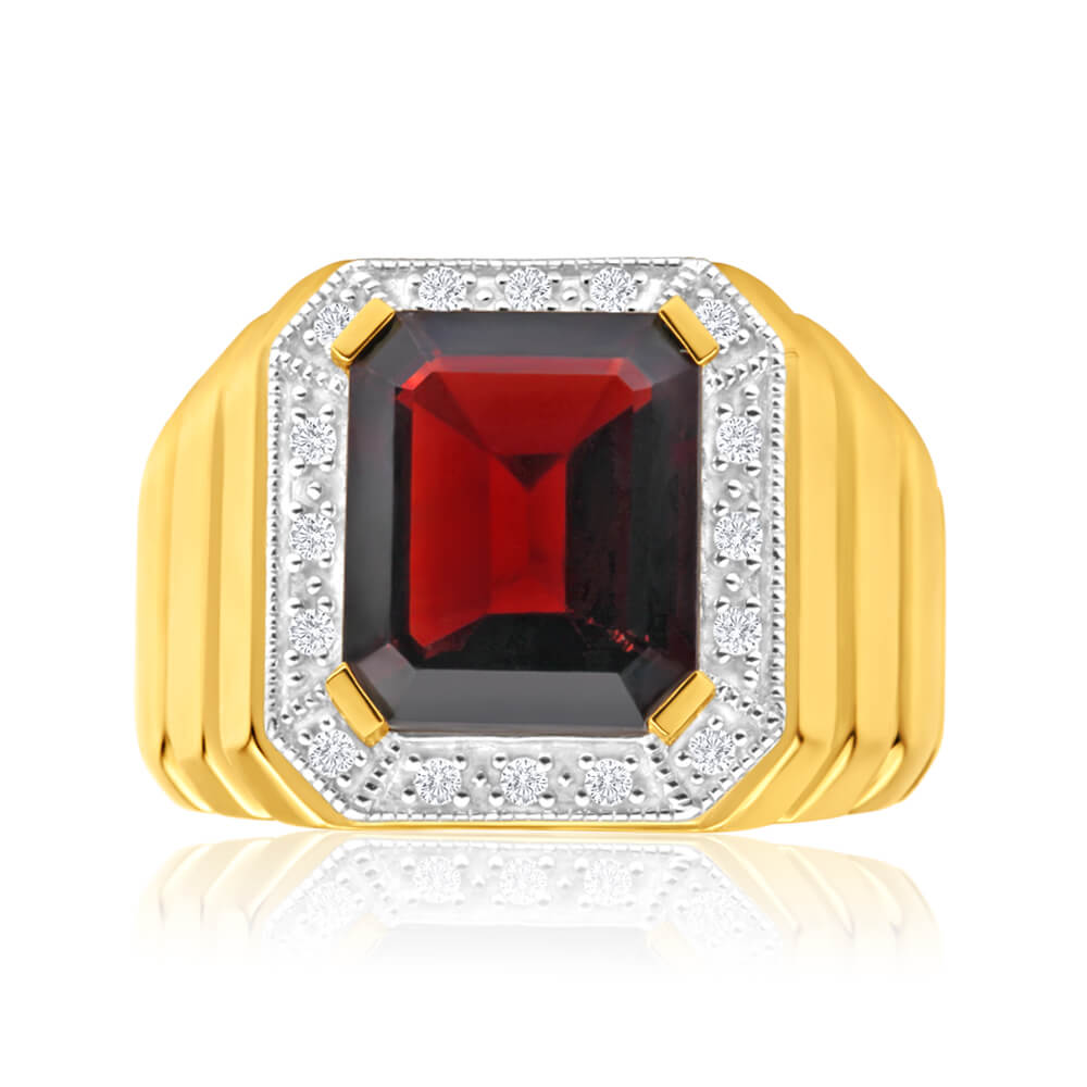 9 Carat Yellow Gold Men's Ring with 12x10mm Emerald Cut Garnet and Diamond Halo