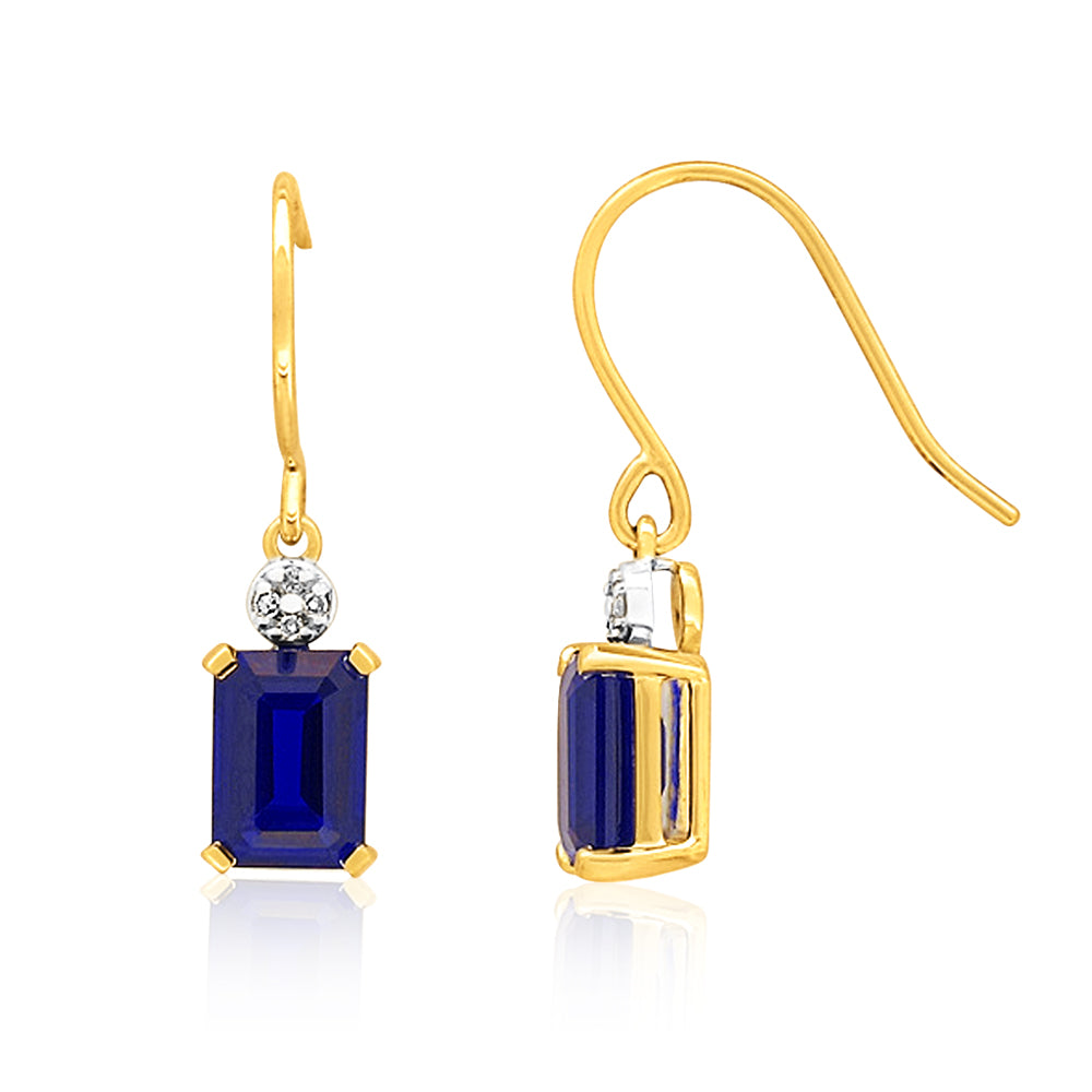 Stunning 9ct Yellow Gold Drop Earrings with Created Sapphires and Diamonds