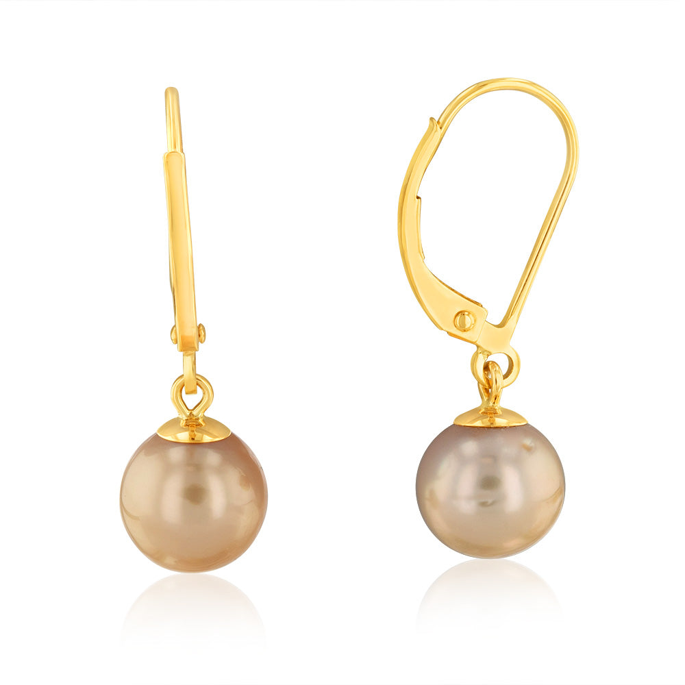 Exquisite 9 Carat Yellow Gold 8 - 9 Millimeter Golden South Sea Pearl Drop Earrings, a Jewelry Delight