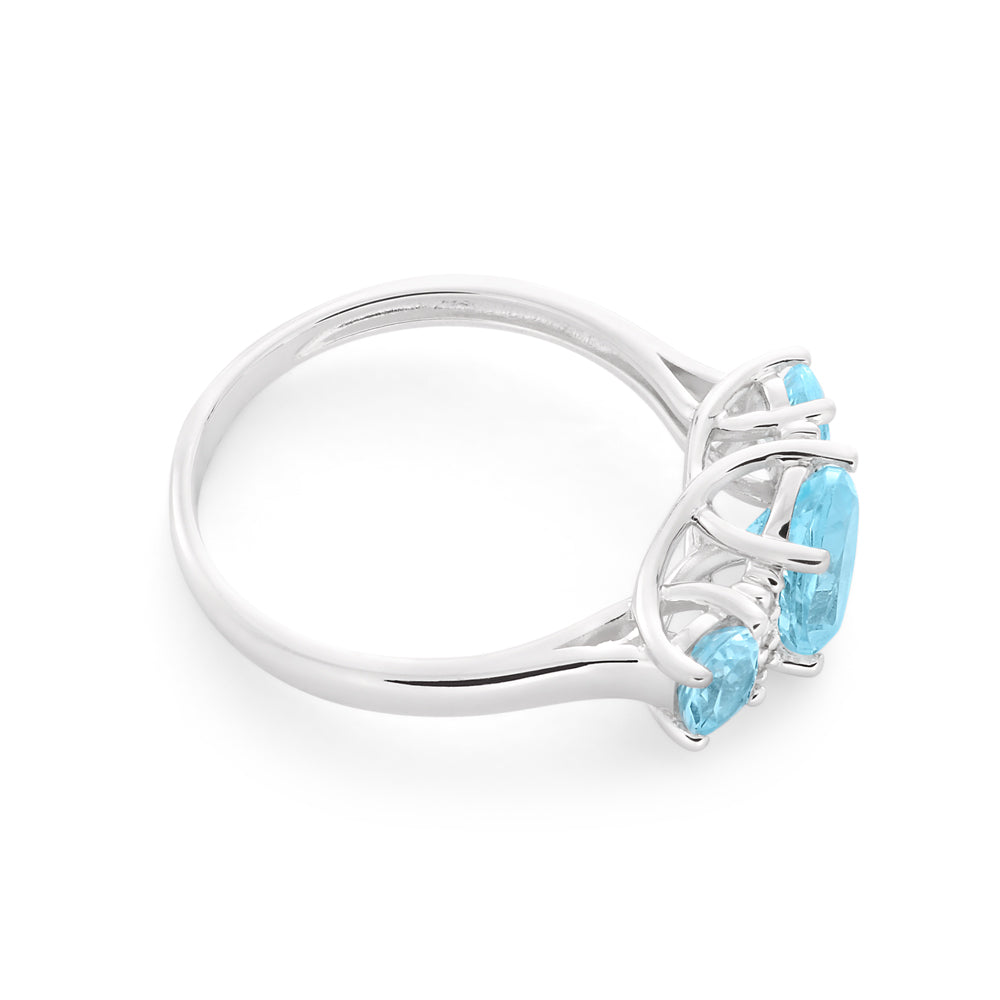 Stunning 9ct White Gold Ring with Sky - Blue Topaz and Diamond Trilogy