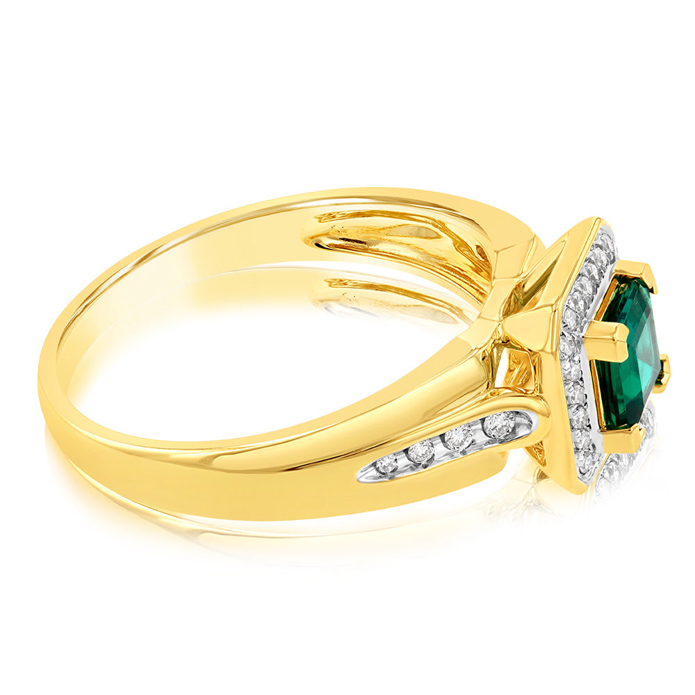 Exquisite 9ct Yellow Gold Ring Featuring Lab - Created Emeralds and Natural Diamonds