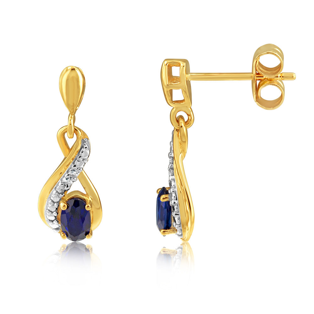 9ct Yellow Gold Earrings with Created Sapphires and Diamond Infinity Design