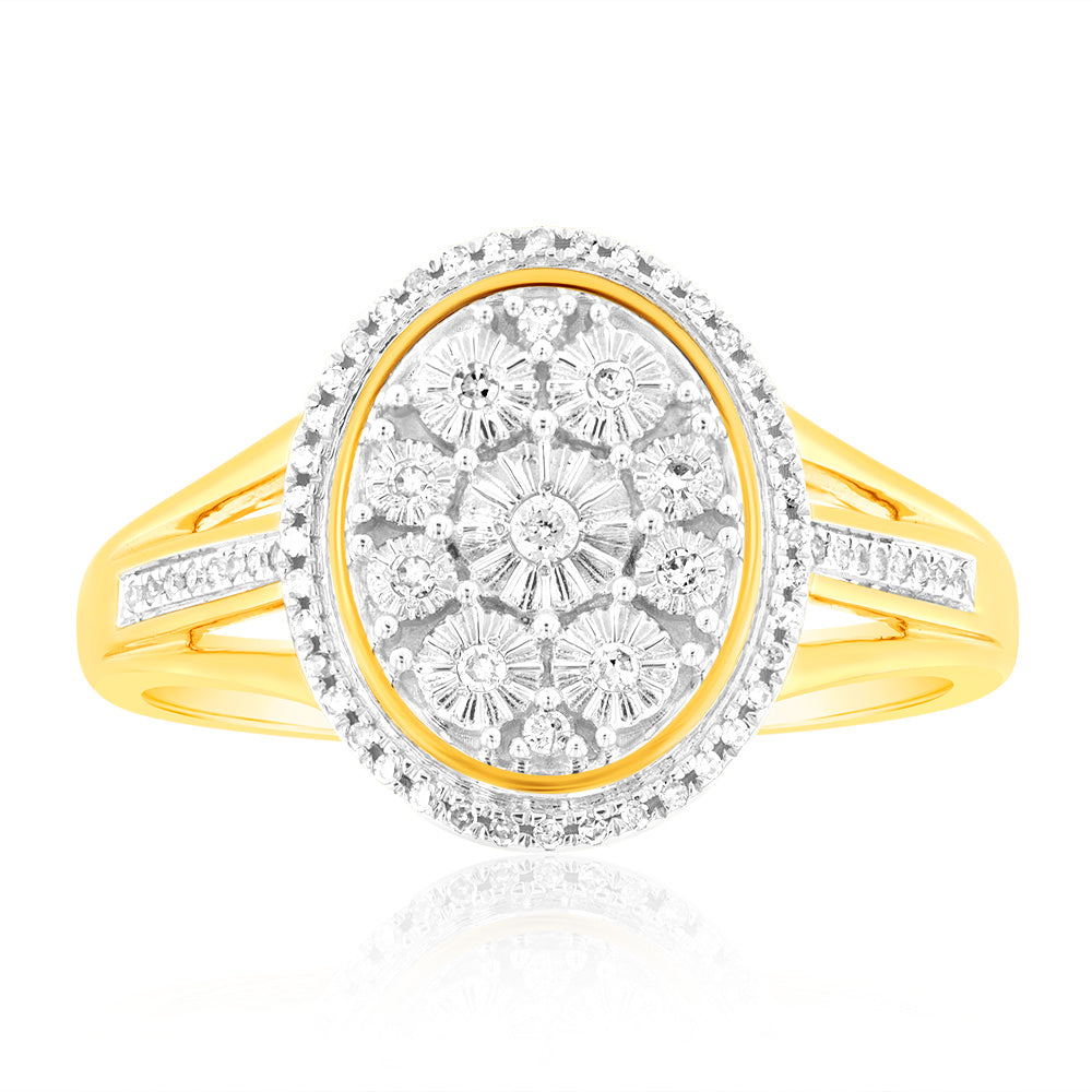 Exquisite 9ct Yellow Gold Engagement Ring Featuring 1/10 Carat of Diamonds Set with 64 Round Brilliant Cut Stones