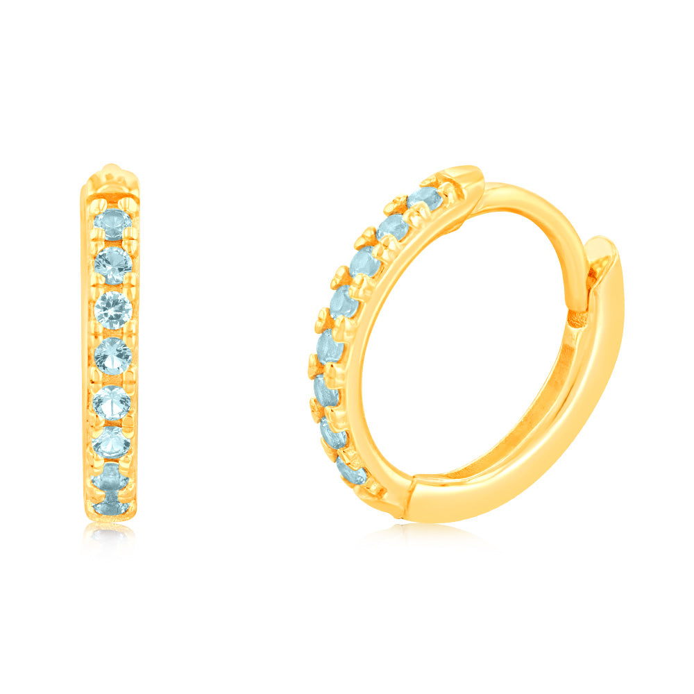 Stunning 9 Carat Yellow Gold Hoop Earrings with Hypnotic Light Blue Zirconia Gemstones