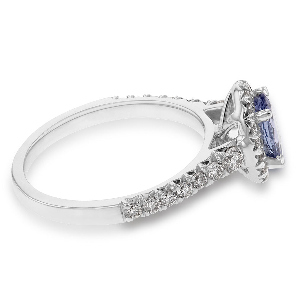 Exquisite 9 Carat White Gold Oval Halo Ring with Tanzanite and Diamonds