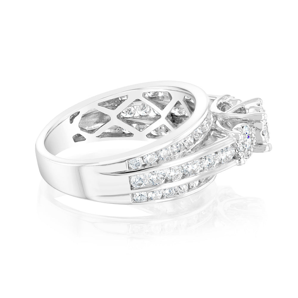 14ct White Gold 1.5 Carat Trilogy Diamond Ring with Halo and Channel Set Band