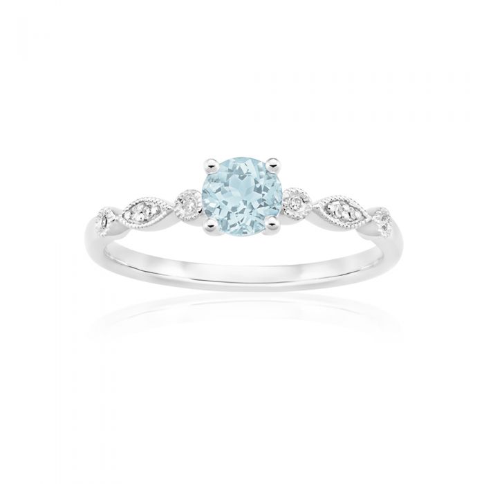 Exquisite 9ct White Gold Ring with 0.45ct Round Cut Aquamarine and Diamonds