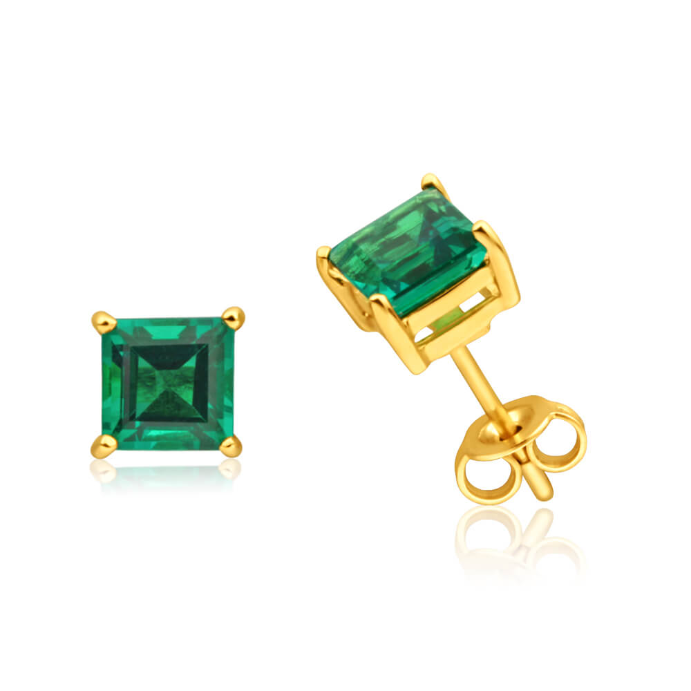 Stunning 9ct Yellow Gold Set of Created Emerald Stud Earrings for Elegant Wear