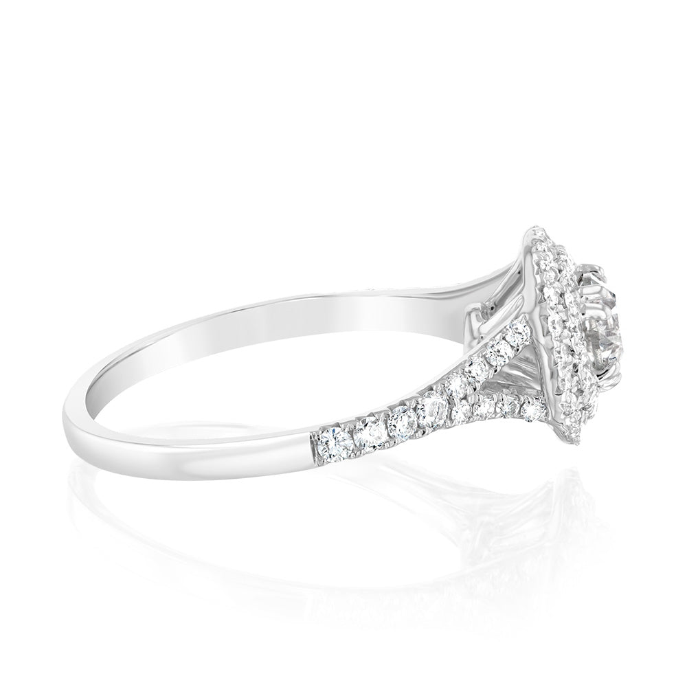 Exquisite 14 - carat White Gold Engagement Ring: 1 Carat Brilliant - cut Diamond Solitaire with Double Diamond Halo and Diamond - split Shank
