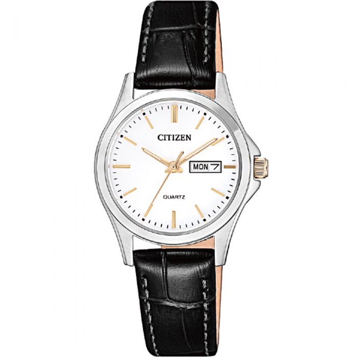 Citizen Ladies' Quartz Watch EQ059911A with Soft Black Leather Strap and Gold Accents
