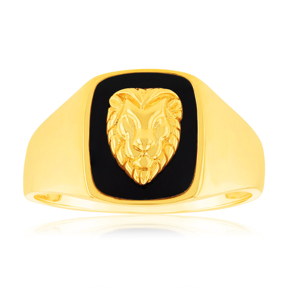 Stylish 9-carat Yellow Gold Gents Ring Featuring a 0.77-carat Agate Lion Design