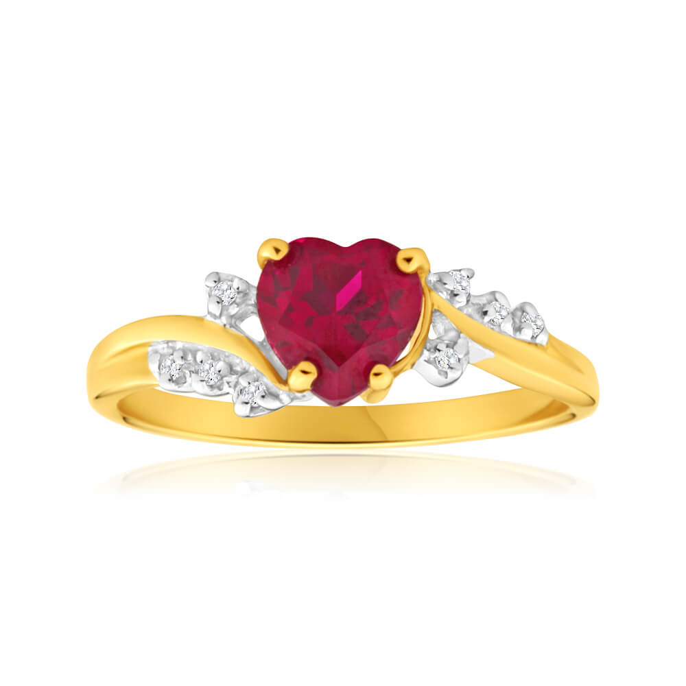 9ct Yellow Gold Ring with Created Ruby Heart and Sparkling Diamonds