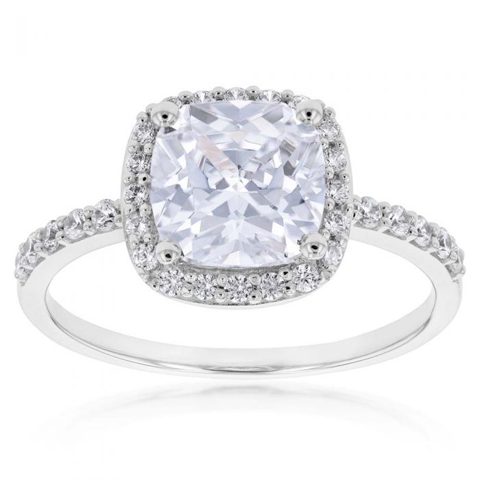 8mm Cushion Cut Cubic Zirconia Halo Ring in 9ct White Gold