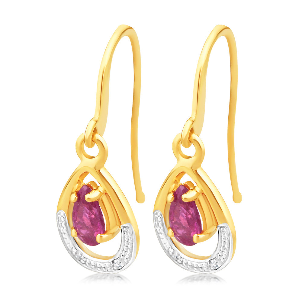 9ct Yellow Gold Handcrafted Pear - Cut Created Ruby & Tiny Diamond Drop Earrings