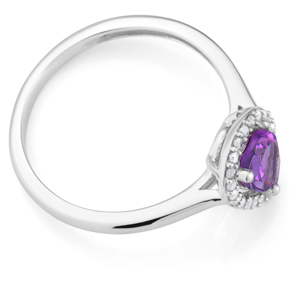 9ct White Gold Pear - Shaped Amethyst and Diamond Engagement Ring