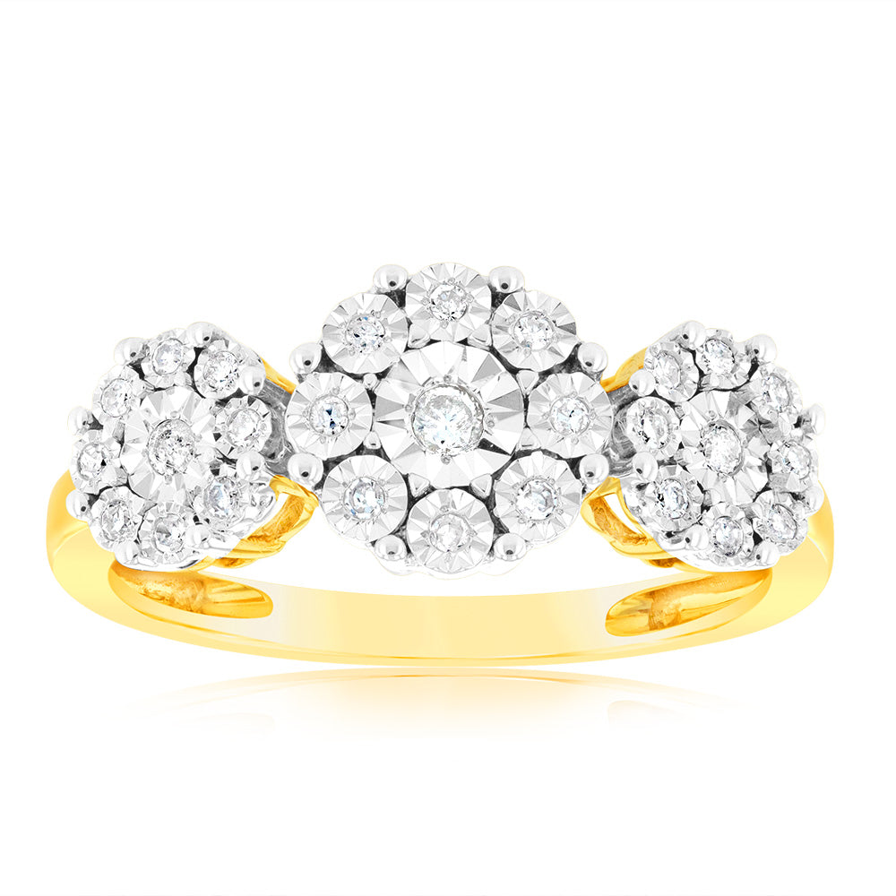 Exquisite 1/10 Carat Diamond Trilogy Ring Crafted in 9 Carat Yellow Gold, Ideal Jewelry for Special Occasions