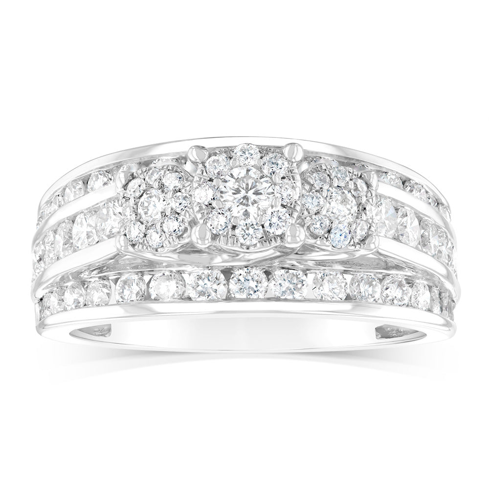 14ct White Gold 1.5 Carat Trilogy Diamond Ring with Halo and Channel Set Band