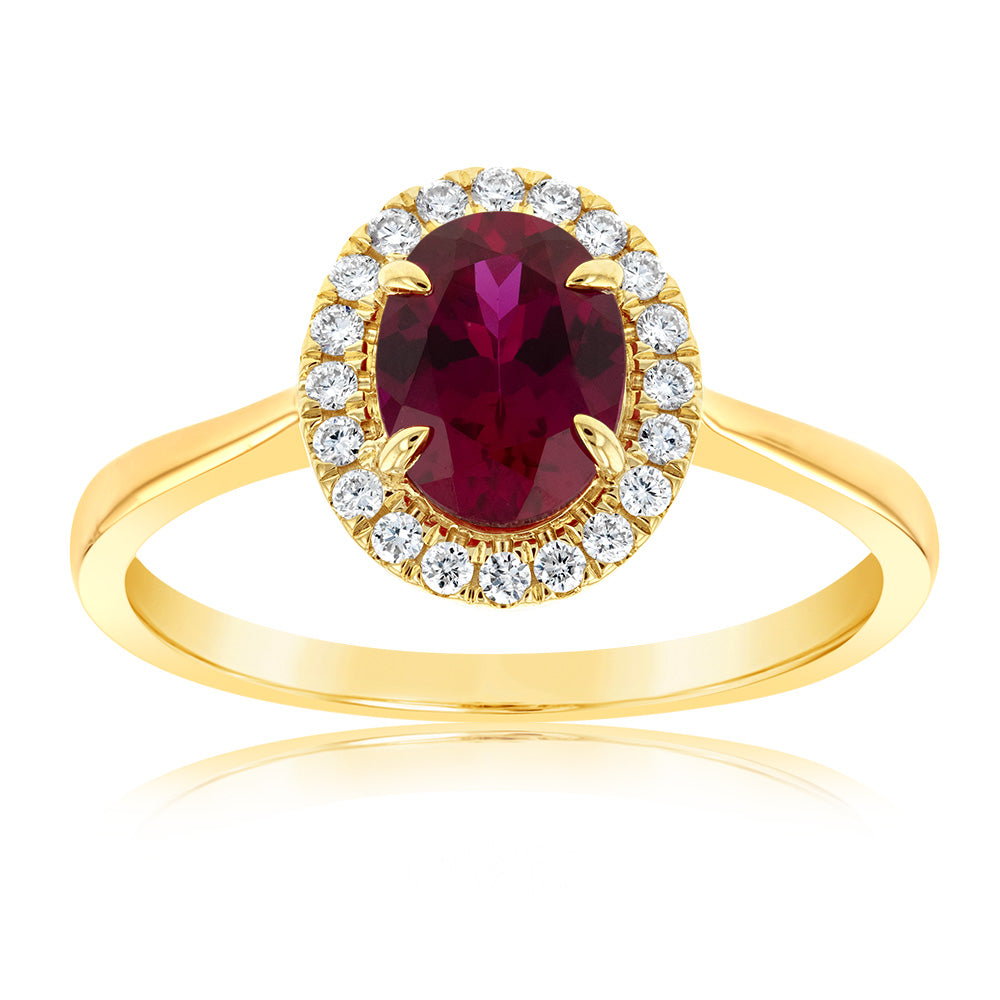9ct Yellow Gold Oval Created Ruby with Diamond Halo Engagement Ring