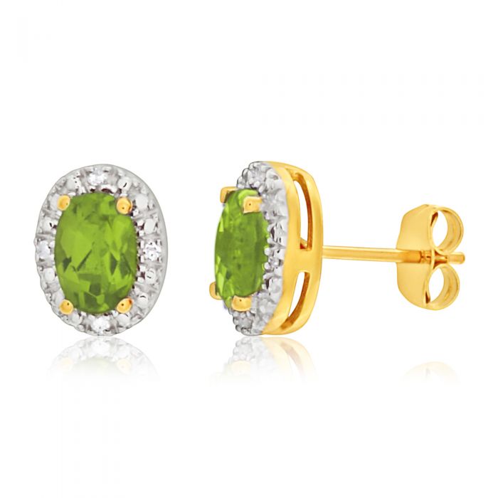 Stunning 9ct Yellow and White Gold Stud Earrings with Diamonds and Peridot