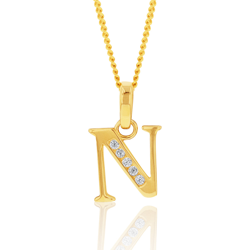 Exquisite 9ct Yellow Gold Personalized Initial N Zirconia Pendant
