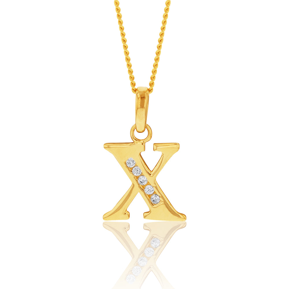 9ct Yellow Gold Zirconia Pendant with Initial 'X'