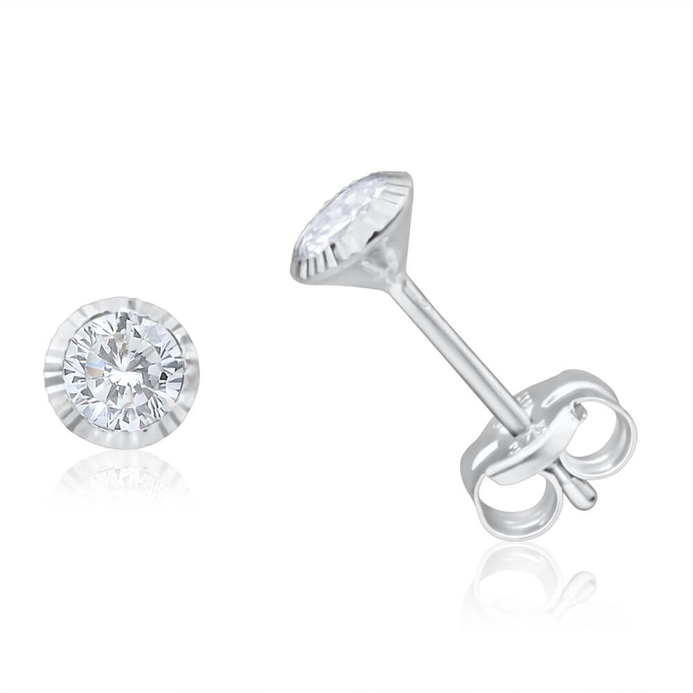 9ct White Gold 4mm Cubic Zirconia Dicut Bezel-Set Dainty Stud Earrings