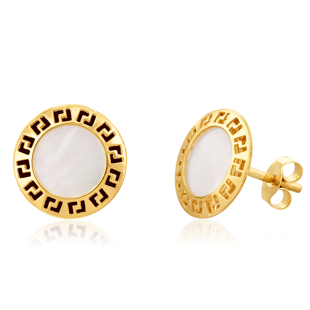 9ct Yellow Gold Stud Earrings with Mother of Pearl Greek Key Disc Design