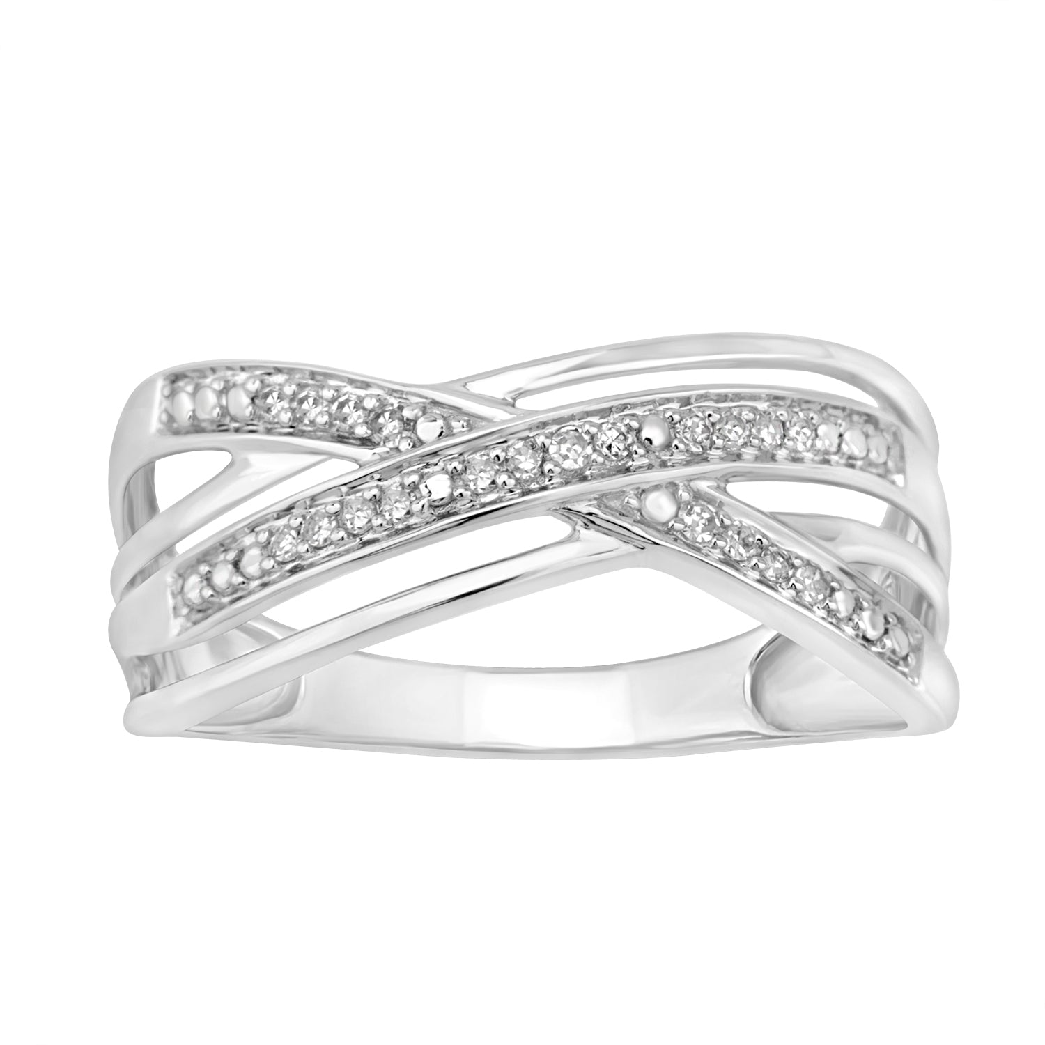Exquisite 9ct White Gold Double Crossover Diamond Ring Adorned with 20 Brilliant Diamonds