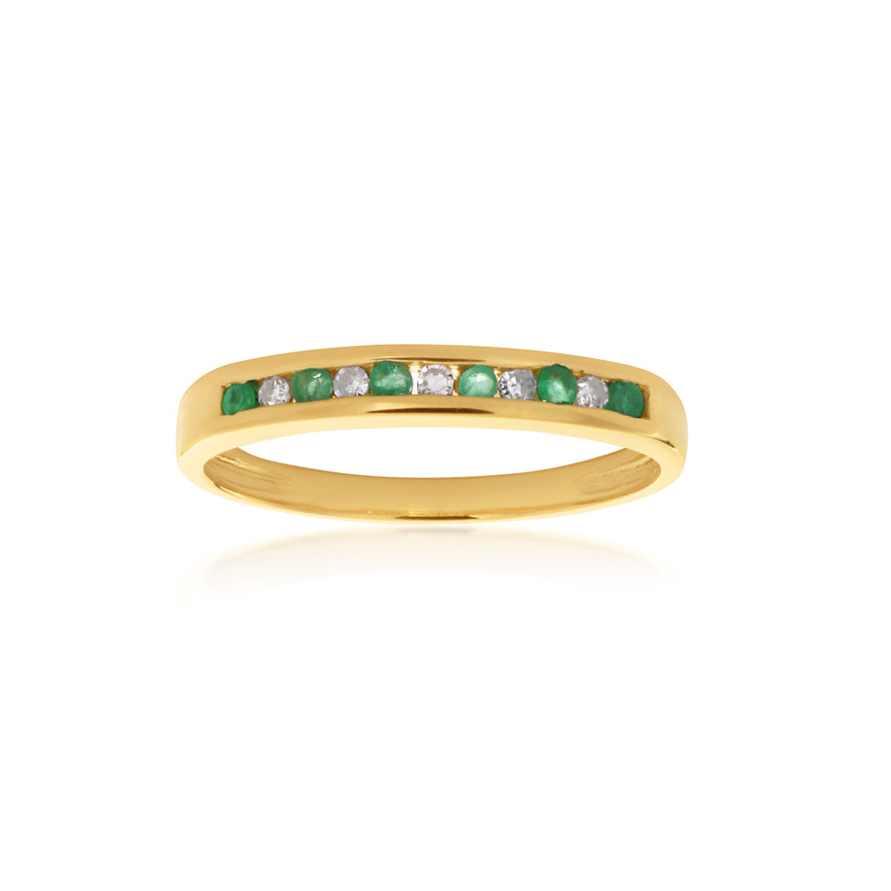 Exquisite 9ct Yellow Gold Ring with Channel-Set Natural Emeralds & Diamonds