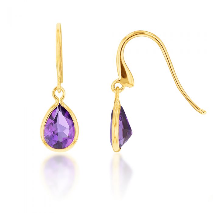 Stylish 9ct Yellow Gold Amethyst Pear - Shaped Drop Earrings for Elegant Occasions